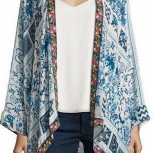 Johnny Was• Blue Boho Floral Embroidered Lightweight Open Silky Kimono